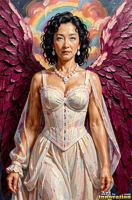 A woman in a white corset dress with purple wings