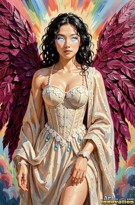 Wearing a cream corset gown, a woman with wings stands before painted rainbow beams