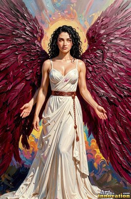 A dark-haired woman in a white gown with a red belt stands with maroon wings spread against golden light