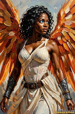 Standing outdoors, a Black woman angel with orange wings looks to the side