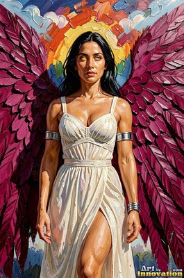 A dark-haired woman in a plain white dress stands with magenta wings under a halo