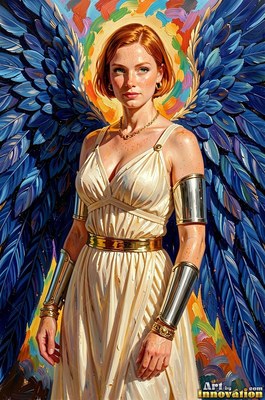 Before a colorful halo, a red-haired woman with wings stands in a pale white dress