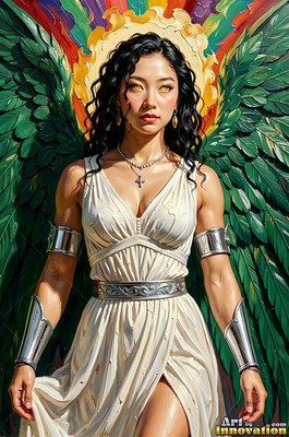 Facing forward, an angel woman in a white dress spreads green feather wings