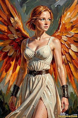 Red-haired woman in a white dress with orange wings standing outside