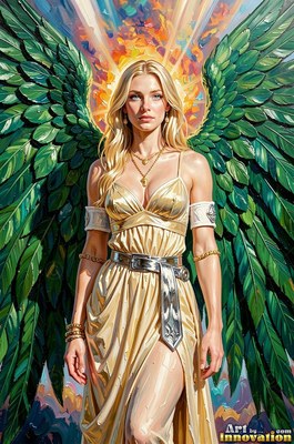 A golden silk dress clothes a blonde woman with bright green wings before a sunrise sky
