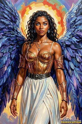 A woman with wings stands in bronze armor before a rainbow halo of light