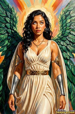 Standing straight ahead, a dark-haired winged woman poses before a rainbow halo