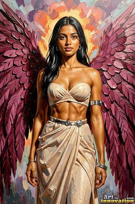 A woman with dark hair stands with magenta wings in a tan dress