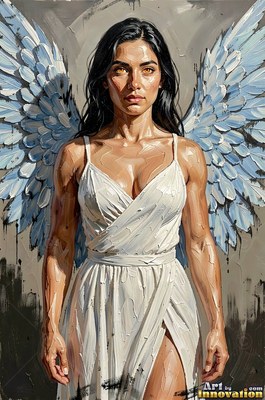 Against a gray wall, a winged woman stands in a white gown with blue feathers
