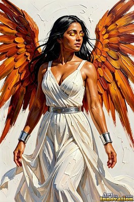 Standing with orange wings spread, a dark-haired woman wears a white gown