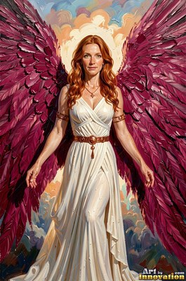 A red-haired woman wearing a white dress with purple wings
