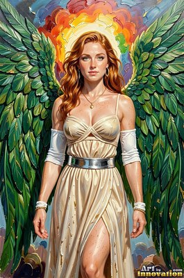Red hair frames a winged woman in a cream dress against a bright rainbow sky