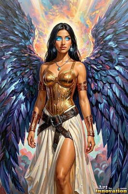A woman with wings stands forward in bronze armor with blue feathers on her wings