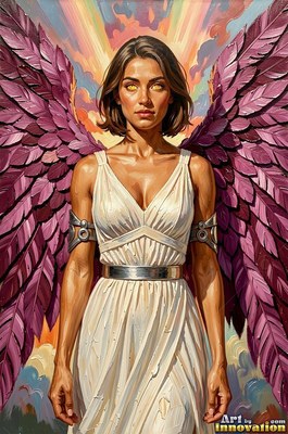 Standing facing forward in bright sky, a woman with purple wings wears a white dress