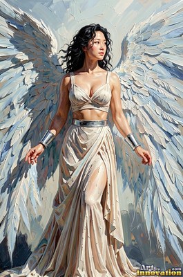 A dark-haired woman with big white wings stands in a cream two-piece dress