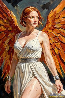 In bright light, a red-haired woman in a pale simple white dress stands with orange wings