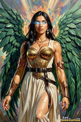 Standing tall, a winged woman wears golden armor and spreads large green wings