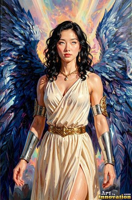 A woman in a cream dress stands with blue feathered wings