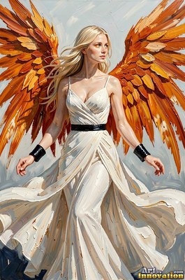 Wearing a flowing white dress with a black belt, a winged woman stands against pale blue sky