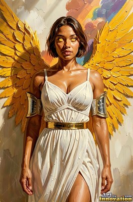A woman with wings stands in a white gown under warm yellow light