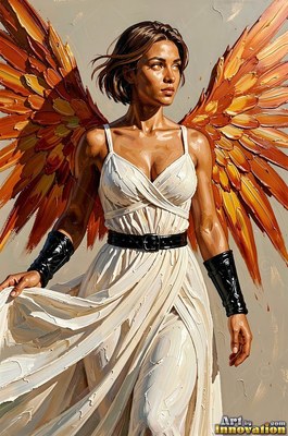 Walking forward before a plain wall, a woman wears orange wings and a white dress