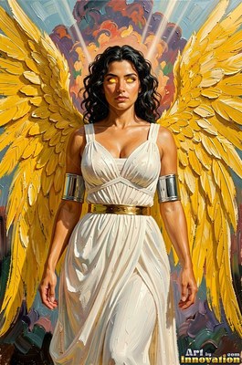 A woman in a plain white dress stands with bright yellow wings spread out wide