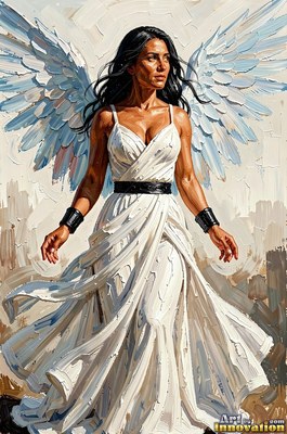 Against a pale sky, a woman with wings stands in a flowing white dress with black cuffs