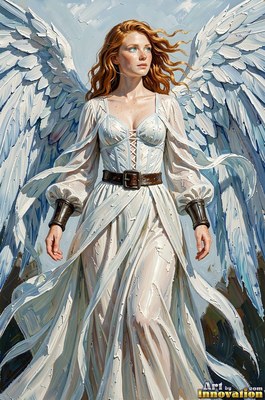 Standing with white wings spread, a red-haired woman wears a pale dress and brown belt