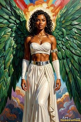 Black woman angel with green wings wearing a white outfit