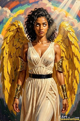 Gold armbands shine on a winged woman in a cream dress against a rainbow sky