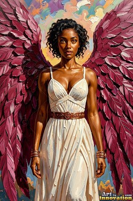 A woman in a plain white dress stands facing forward with deep magenta wings under warm light