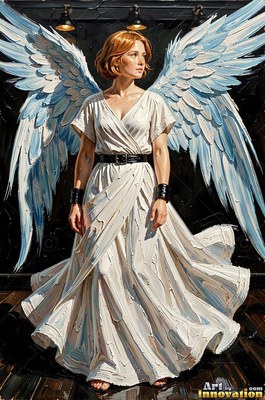 Standing straight in a dark room, a woman with pale blue wings wears a white gown