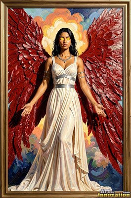 A woman with red wings stands in a cream dress with her hands open
