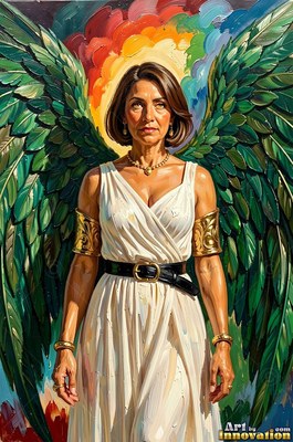 Before a rainbow halo, a woman in a pale white dress stands with green feathered wings