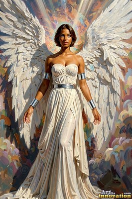 Standing with white wings spread, a woman wears a cream dress and silver bands