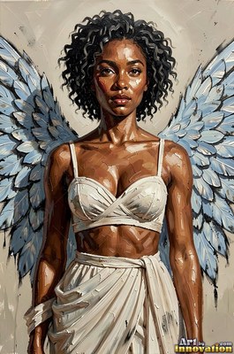 A Black woman with pale blue wings wearing a white top