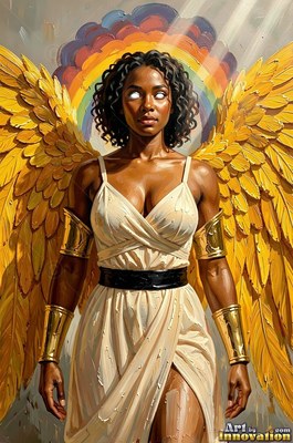 Wearing a cream dress and gold arm cuffs, a woman with wings stands under a rainbow halo