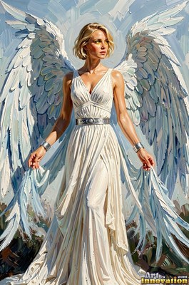 A blonde winged woman holds her plain white dress under pale blue daylight