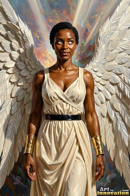 Standing straight under bright skies, a winged woman wears a cream dress
