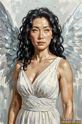 A dark-haired woman dressed in a pale white dress stands with light blue wings behind her