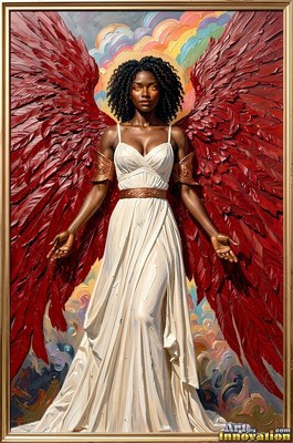 Before colorful clouds, a winged Black woman stands in a white gown