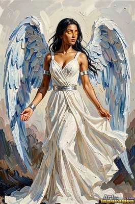 Walking forward, a winged woman in a pale white dress spreads pale blue feathers