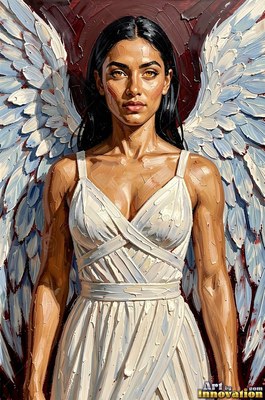 Dark-haired woman dressed in a white dress with pale wings
