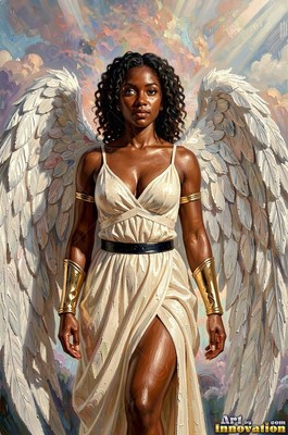 A winged Black woman in a pale white dress stands before soft clouds and golden light beams