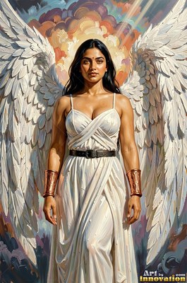 A woman with wings stands in a simple white dress under bright rays of sunlight