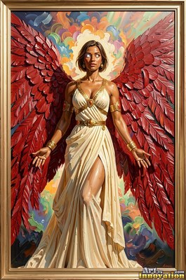 Standing forward in the clouds, a woman with large red wings wears a cream dress
