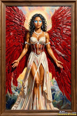 A winged woman in a white gown and corset spreads deep red wings against the sky