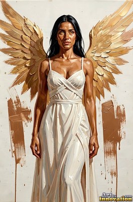 Against a beige wall, a woman with wings stands in a simple white dress with gold paint marks