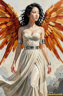 Looking away, a dark-haired woman in a cream dress stands with orange wings spread