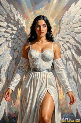 Dark-haired winged woman standing in a simple white dress